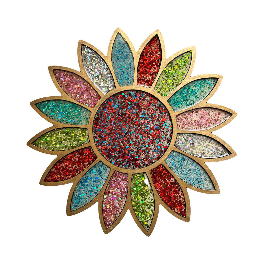 Handmade Wooden Multi Colour Glitter Flower Wall Art Decal