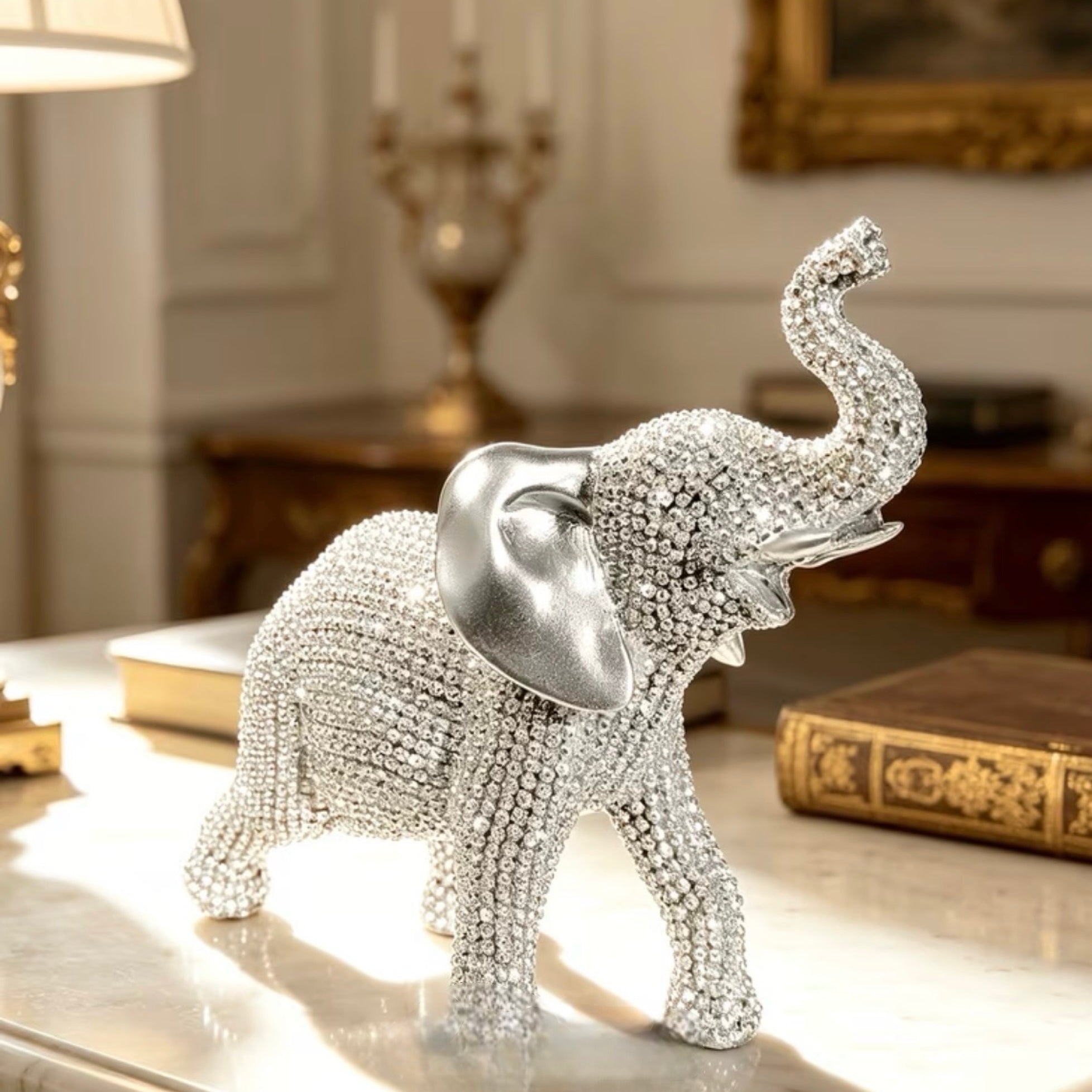 Beaded Resin Silver Diamante Elephant Figurine Home Decor Ornament