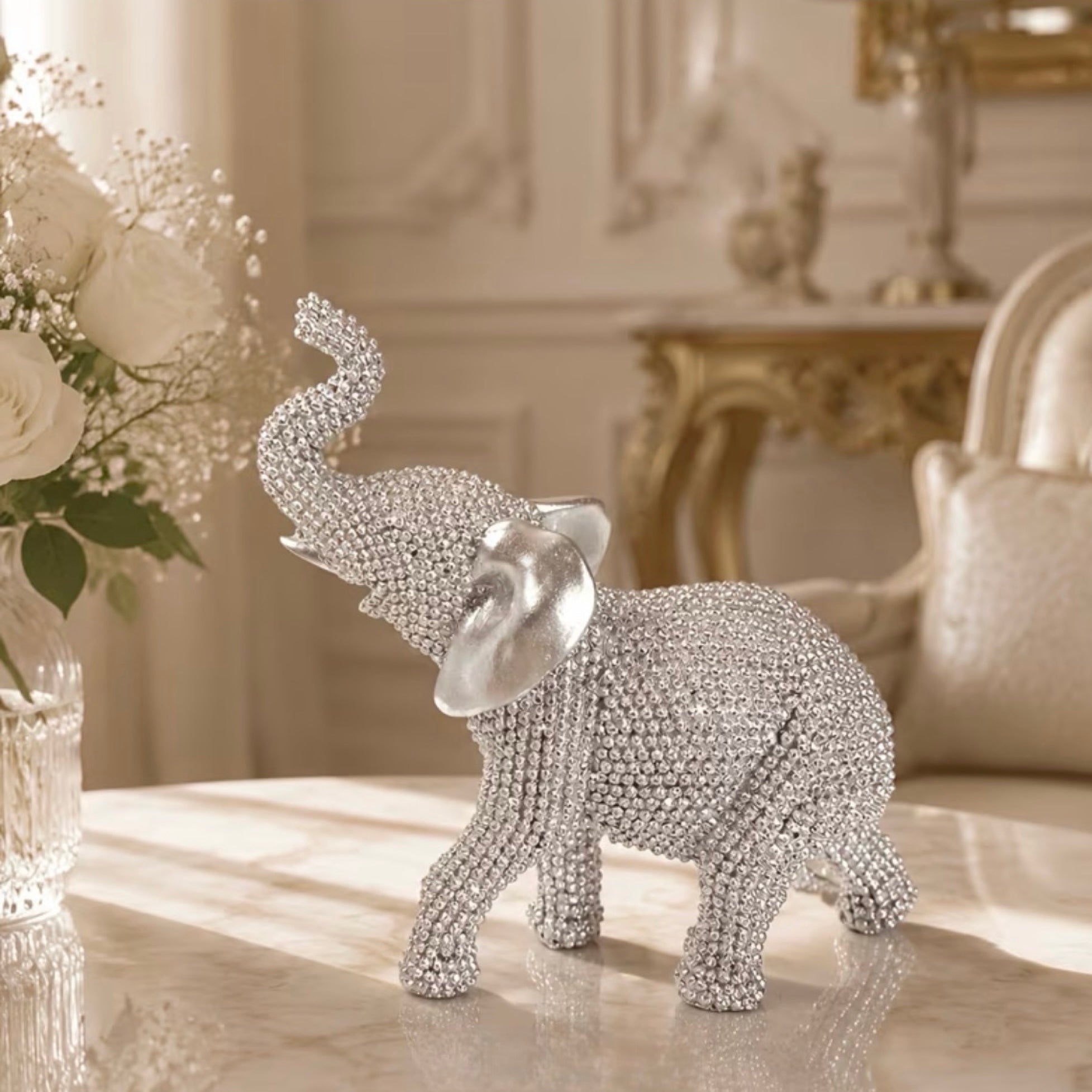 Beaded Resin Silver Diamante Elephant Figurine Home Decor Ornament