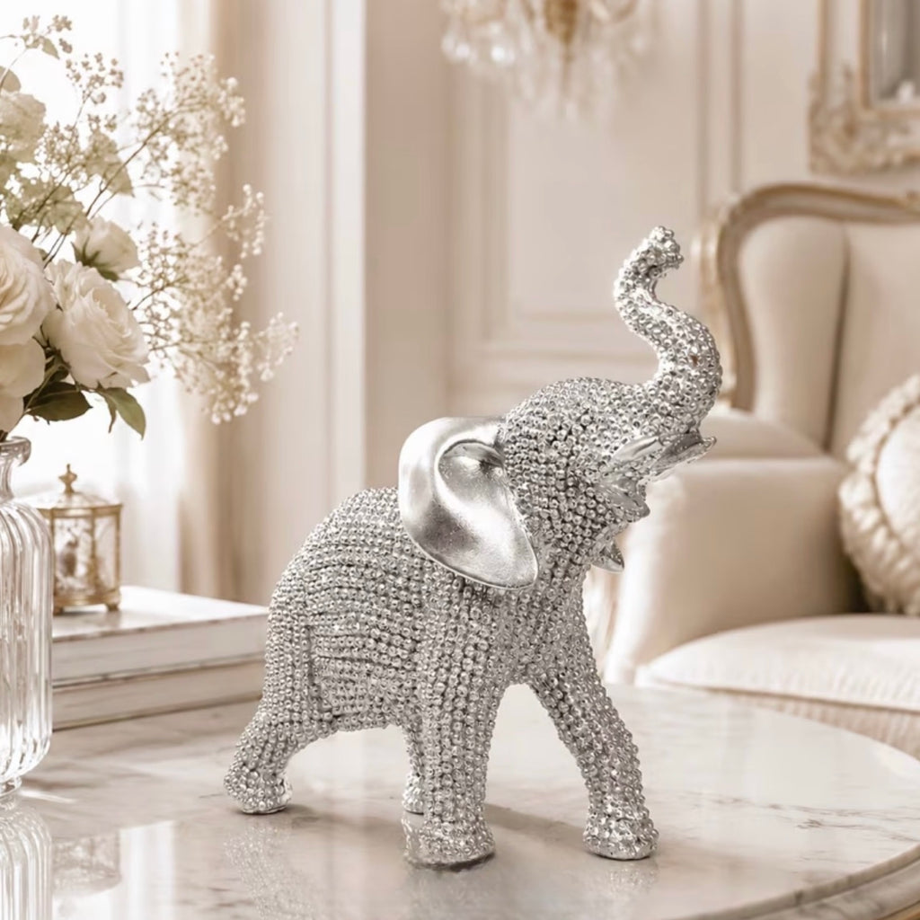 Beaded Resin Silver Diamante Elephant Figurine Home Decor Ornament