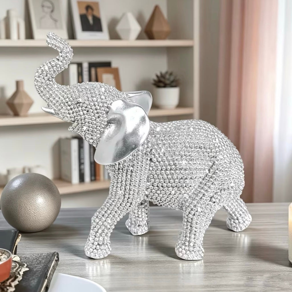 Beaded Resin Silver Diamante Elephant Figurine Home Decor Ornament