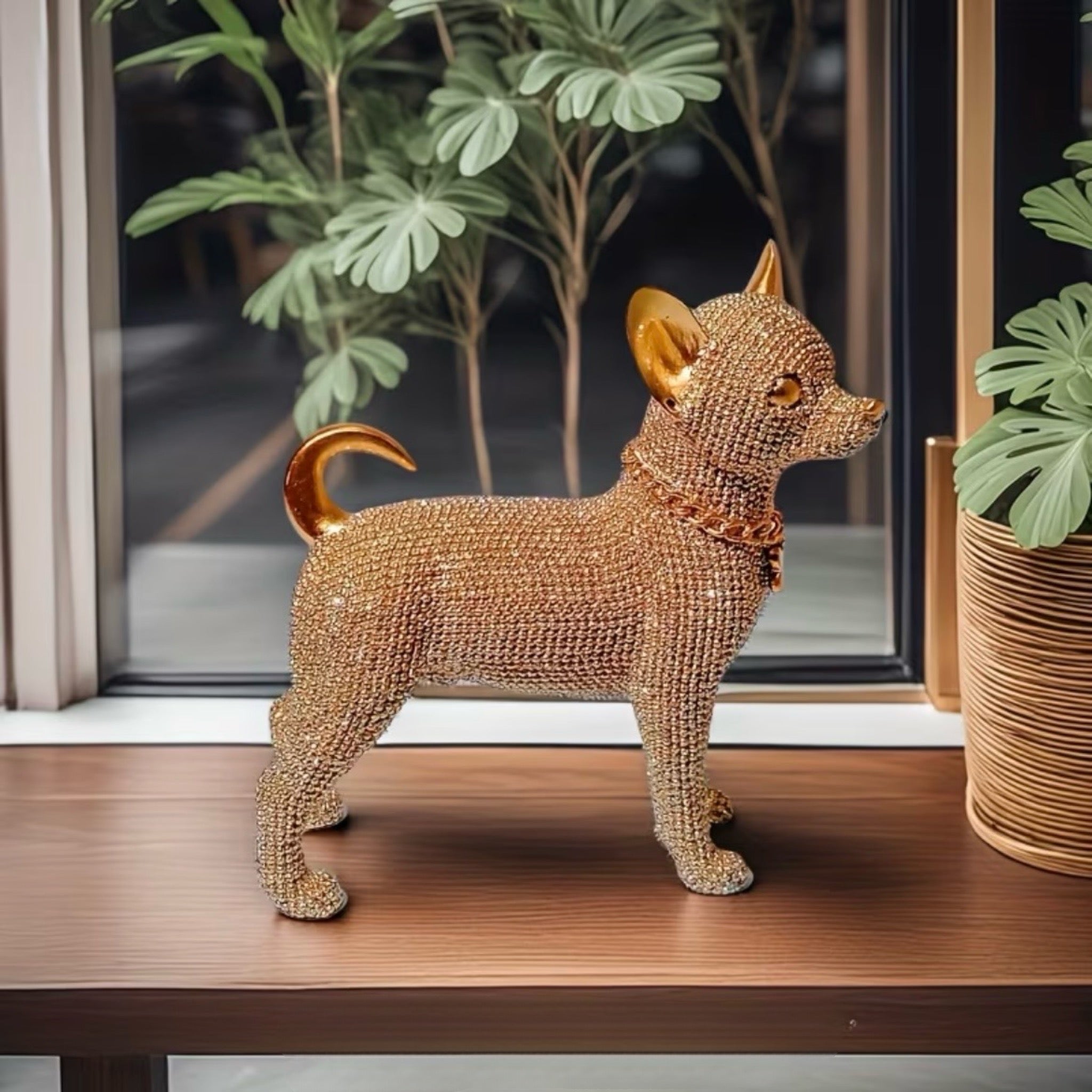 Beaded Golden Chihuahua Resin Statue Figurine Home Decor Gift