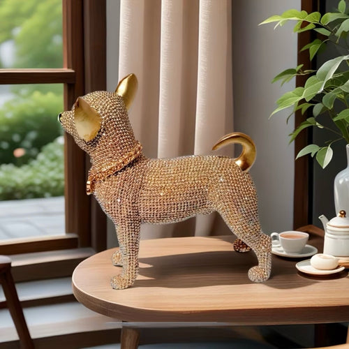 Beaded Golden Chihuahua Resin Statue Figurine Home Decor Gift