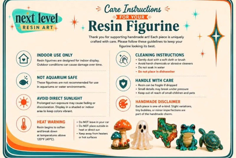 Baby Dragon Figurines  - Care Instruction Card for your resin figurine, with a picture of small figurines and safety instructions wording.