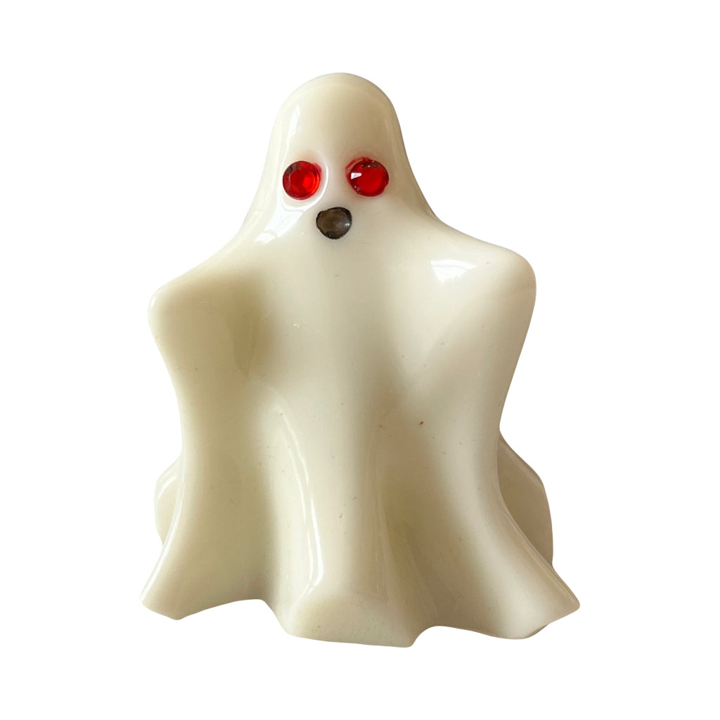 Ghost Figurine Ornaments - A ghost-shaped figurine  in glossy off-white, with red circular eyes and a small dark mouth, shown on a plain white background.