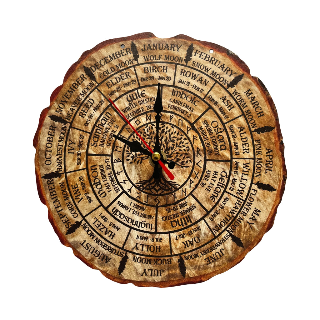 A Celtic Calendar Clock circular wooden calendar clock featuring a detailed solar system and zodiac wheel design, with a natural tree slice edge and black text, shown on a plain white background.
