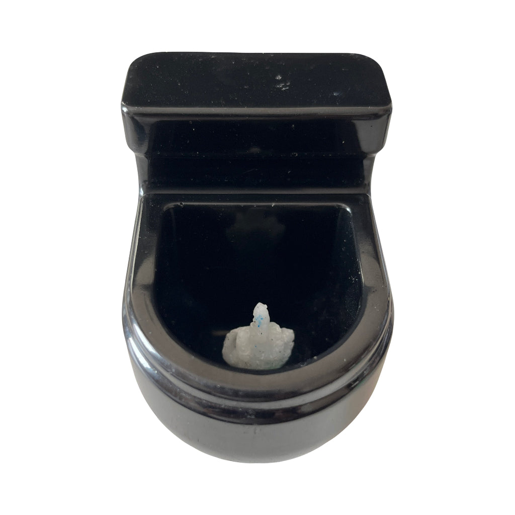 Novelty Toilet Ornaments - A miniature black resin toilet figurine with a small white finger pointing upwards in the pan, isolated on a white background.