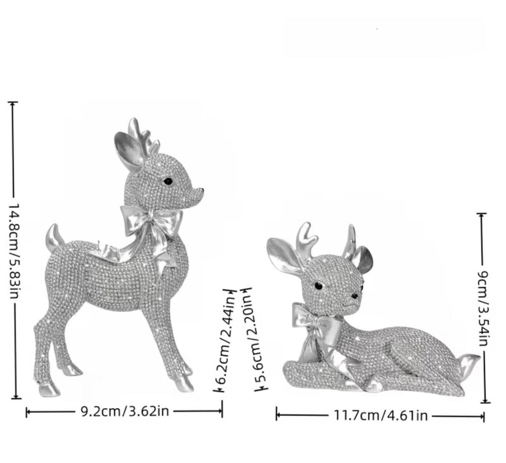 Reindeer Gift Set - Two silver rhinestone-decorated deer figurines shown with dimension lines and measurements on a white background, including one standing deer and one reclining deer.