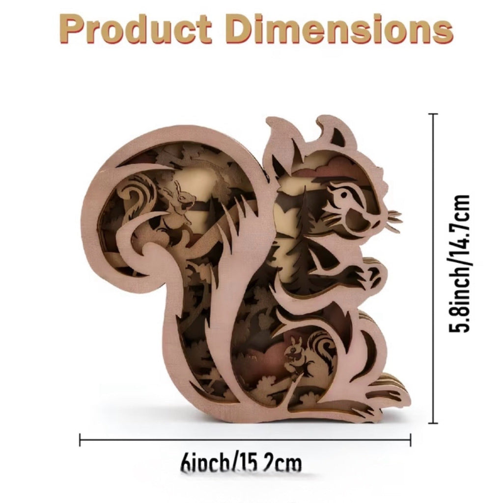 Wooden Squirrel Ornament - A laser-cut wooden squirrel figurine shown on a white background with dimension lines and text indicating width as 6 inches (15.2 cm) and height as 5.