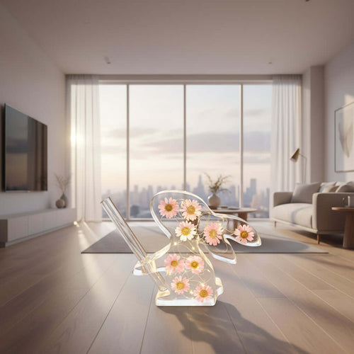 A transparent Bunny Bud Vase shaped as a rabbit, decorated with pink and yellow daisy flowers and LED lights, placed in a modern, sunlit living room with a city view through large windows.