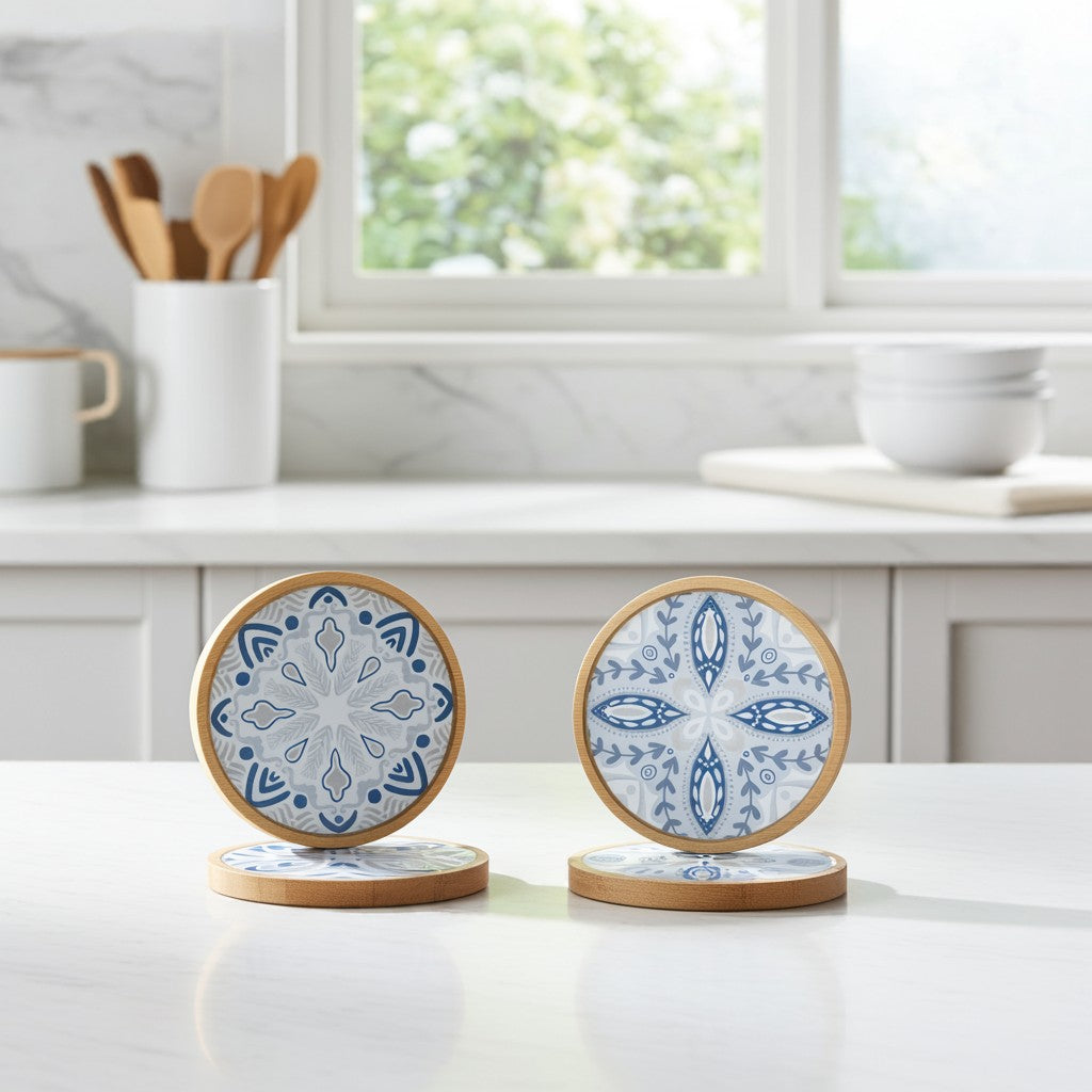4 Resin Mandala Bamboo Coasters Mats image 0