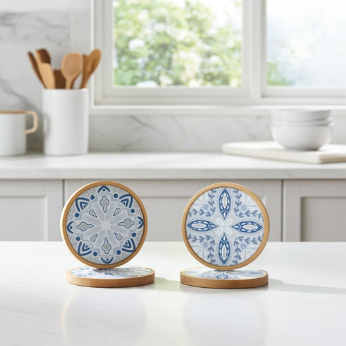 4 Resin Mandala Bamboo Coasters Mats image 0