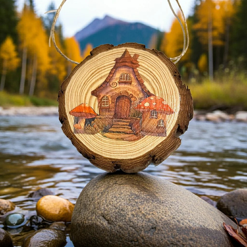 Decoupage Hanging Wood Slices Mushroom House image 3