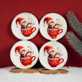Four Christmas-themed coasters with a design of a child in a Santa hat holding a mug on a red background.