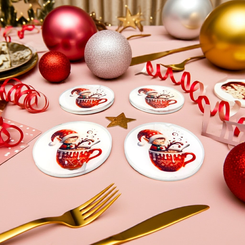 4 Christmas Elf Coasters Red and White image 2