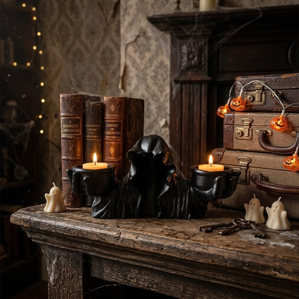 Grim Reaper Candle Holder - A black gothic robed figure candle holder with two lit tealight candles, styled on a rustic wooden mantel with old books, keys, small ghost candles, and stacked vintage suitcases in a moody room.