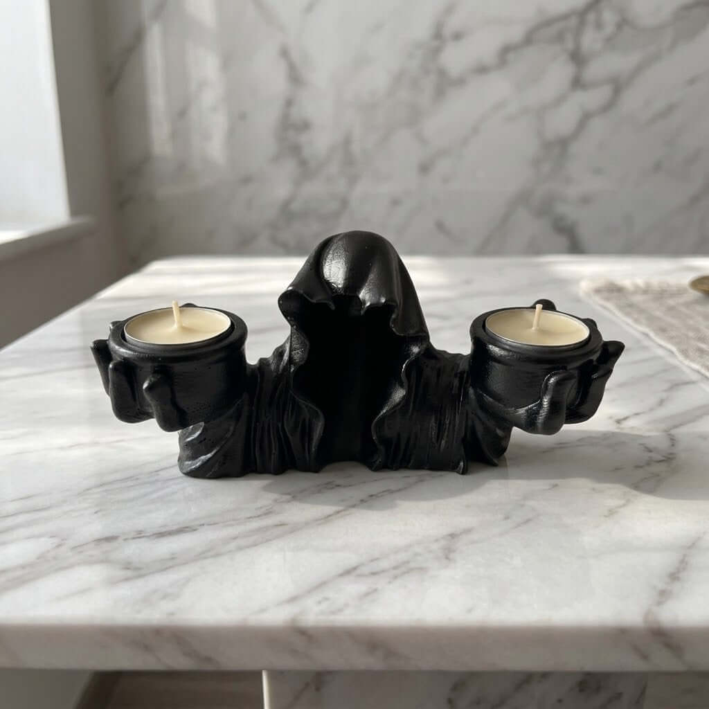 Grim Reaper Candle Holder - A black gothic-style candle holder shaped like a hooded figure with two cup-like hands holding cream tea lights, placed on a white marble surface with a matching marble wall in the background.