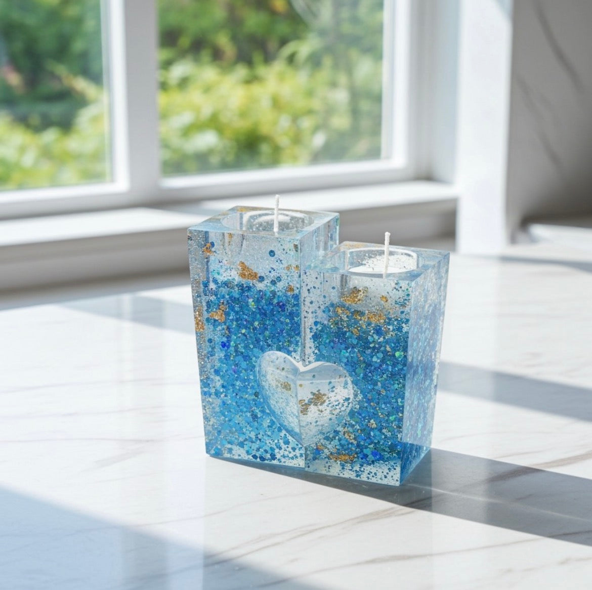 2 Handmade Resin Heart Tea Light Holders Home Decor