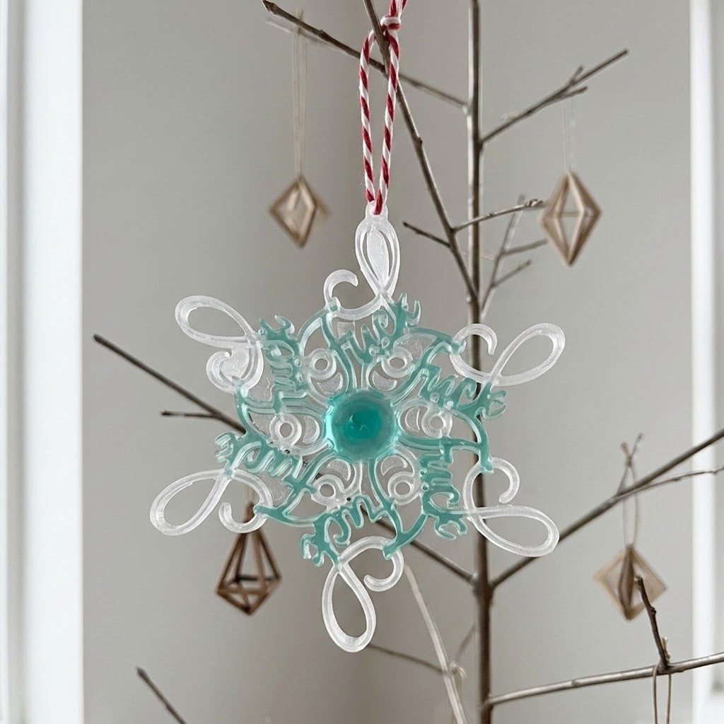 Novelty Christmas Tree Decorations - A translucent snowflake Christmas ornament with a turquoise center and white cursive lettering, hanging from a red-and-white striped ribbon against a soft gray background with decorative branches.