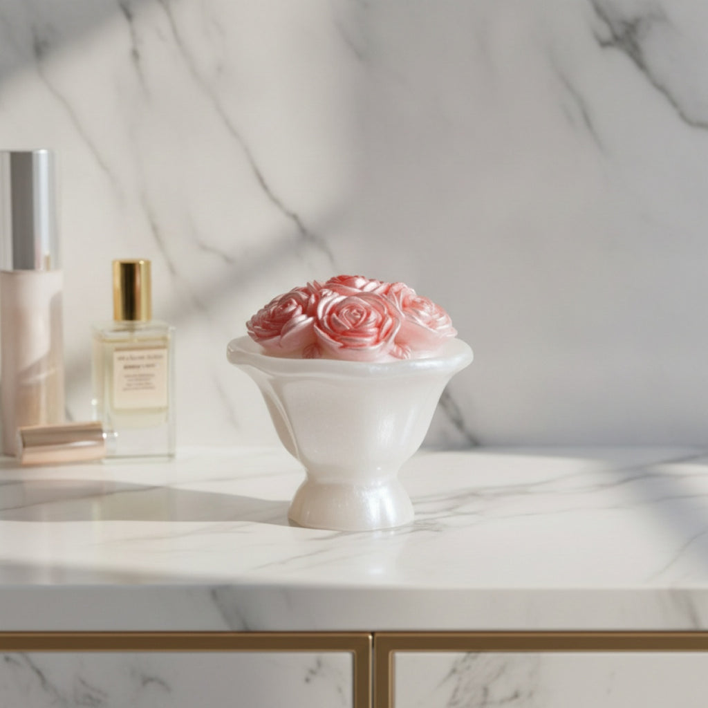 A white ceramic pedestal bowl filled with pink satin roses, styled on a white marble countertop with soft shadows and perfume bottles in the background.
