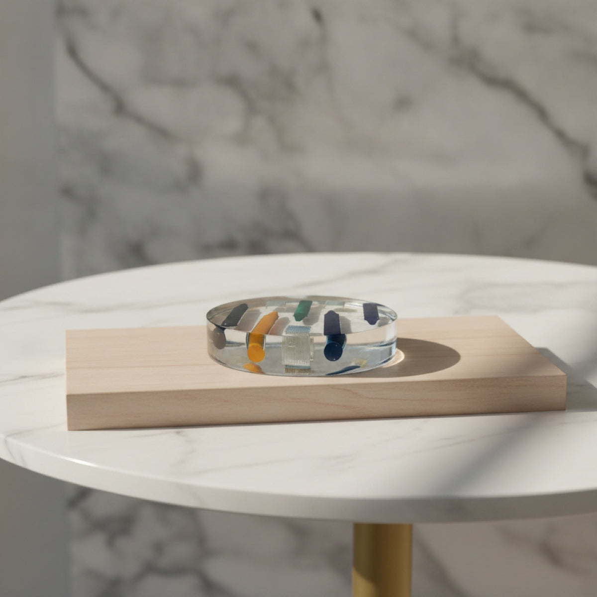 A clear resin coaster with colorful crayons and staples inside, displayed on a light wood tray atop a round white marble table with a marble-patterned background.
