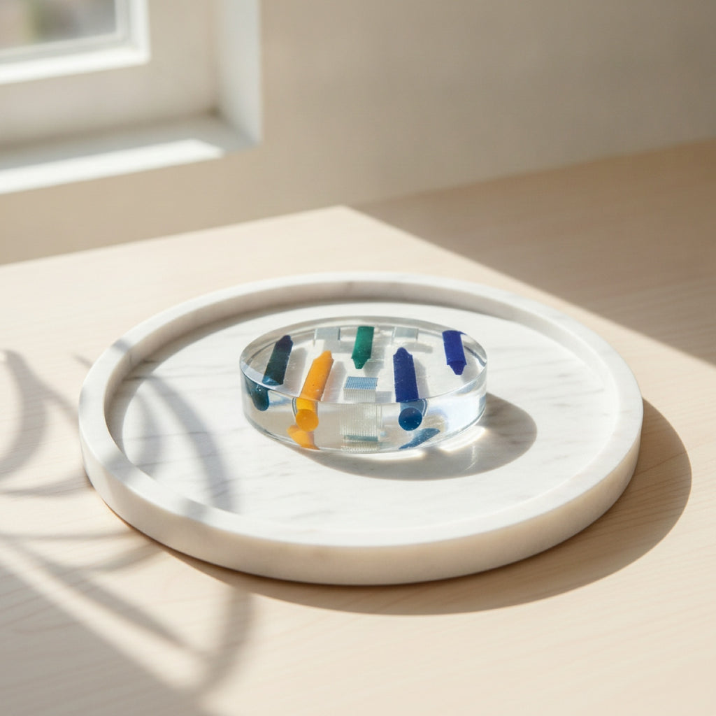 A clear resin thick coaster containing colorful crayons in blue, green, and orange and staples, displayed on a round white marble tray on a light wooden table near a window.