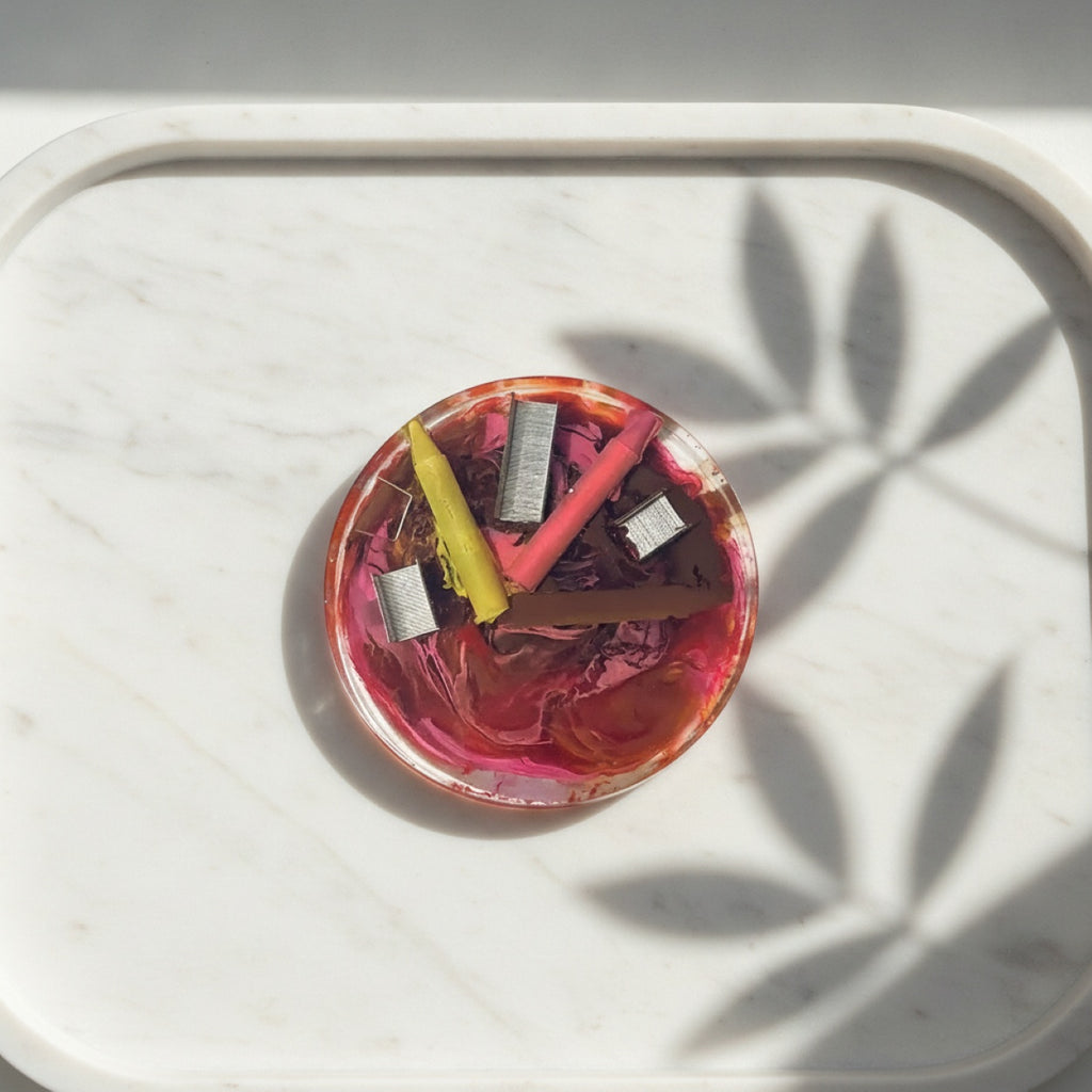 A styled flat-lay of a round coaster, which has a pink swirl background with several crayons and staples embedded in resin. 