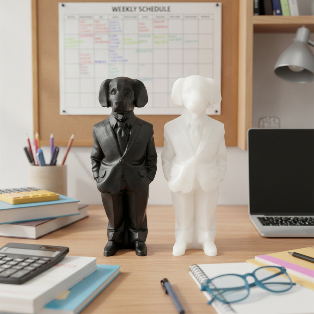 Two small figurines shaped like dogs in business suits stand on a wooden desk in a styled office setting. One figurine is glossy black and the other is matte white, with books, a laptop, glasses, and a weekly schedule board in the background.