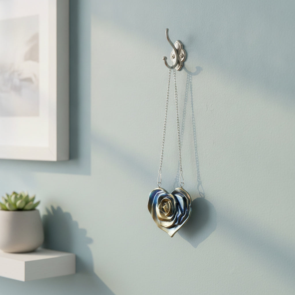 A metallic silver wall hook hanging on a pale blue wall, with a Heart Wall Decal ornament suspended from it by two chains. Part of a framed print and a small potted succulent are visible on a shelf to the left.