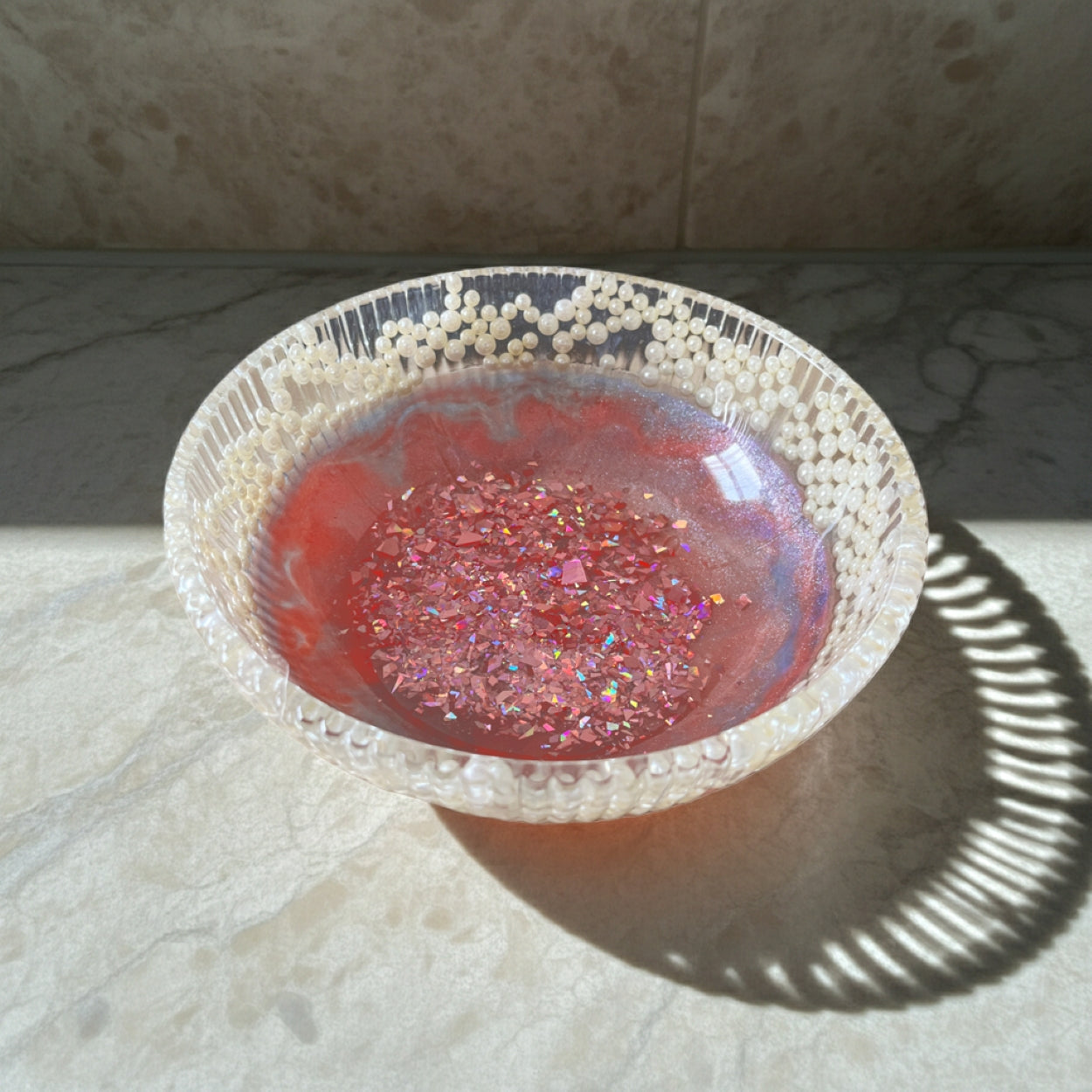 Handmade Resin Pink Glitter Fruit Bowl With Pearly Beads
