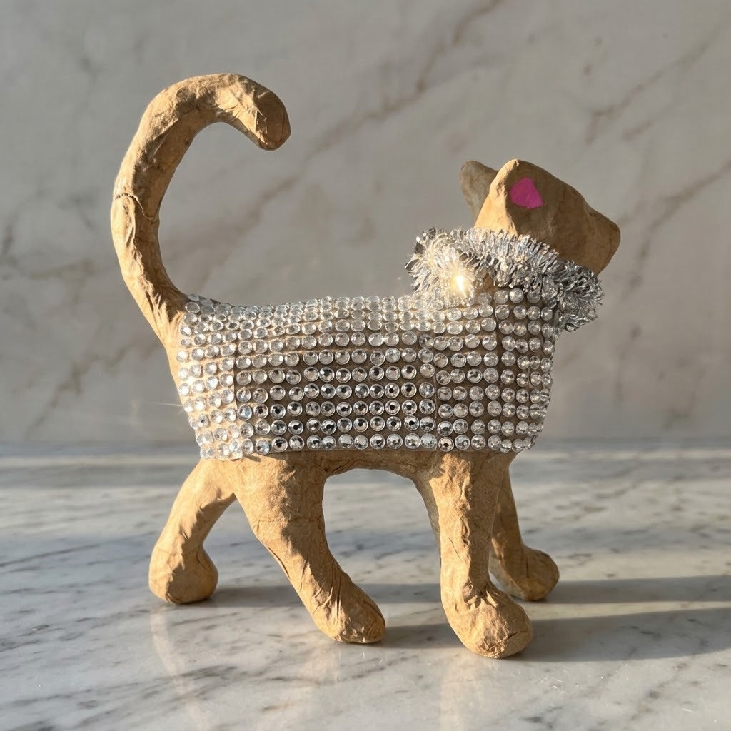 Diamante Cat Figurine - Side view of a small sculptural cat figurine made of textured tan material, decorated with a row of clear rhinestones across its torso and a fluffy silver collar, standing on a light marble surface against a marble wall.