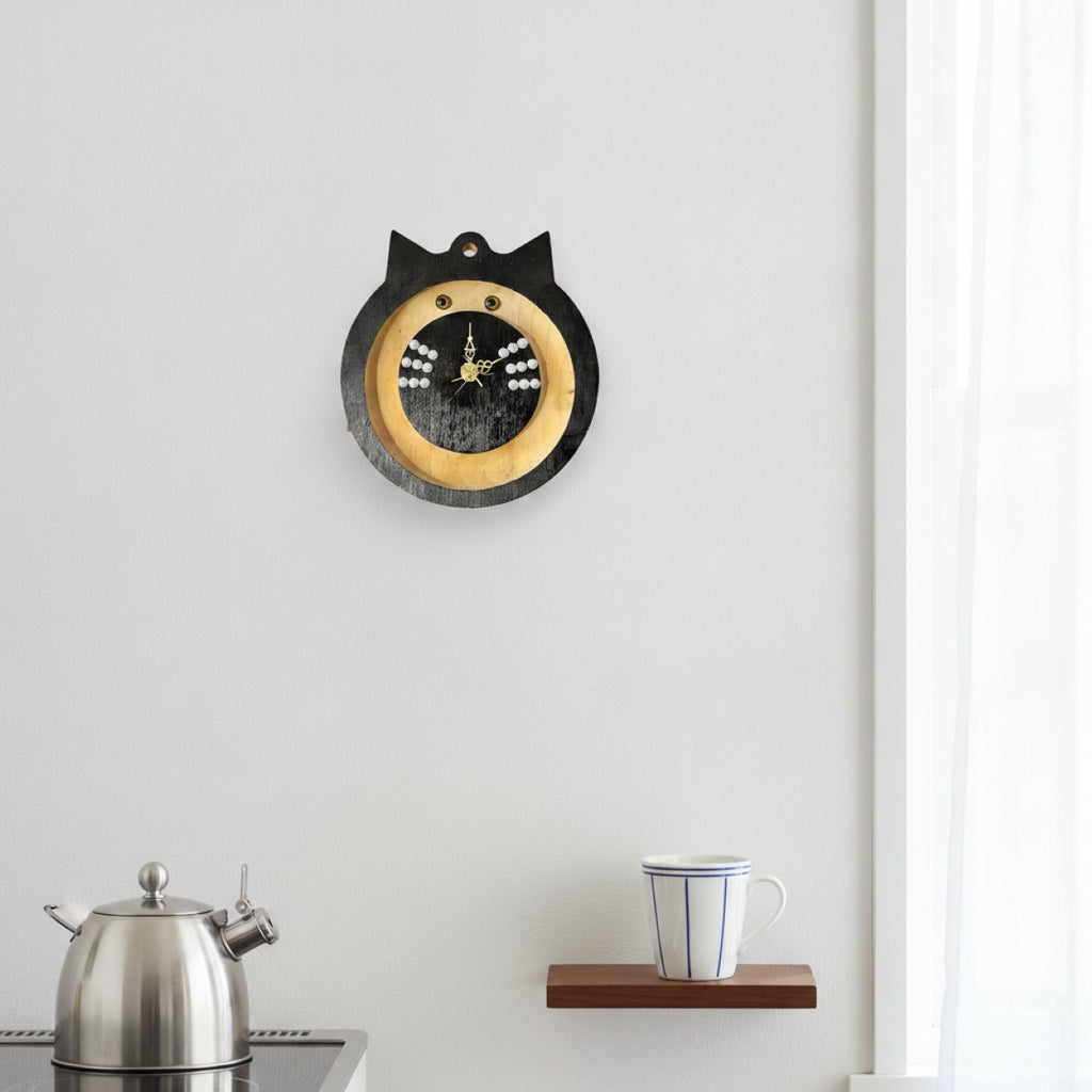 Handmade Bespoke Wooden Black Cat Clock