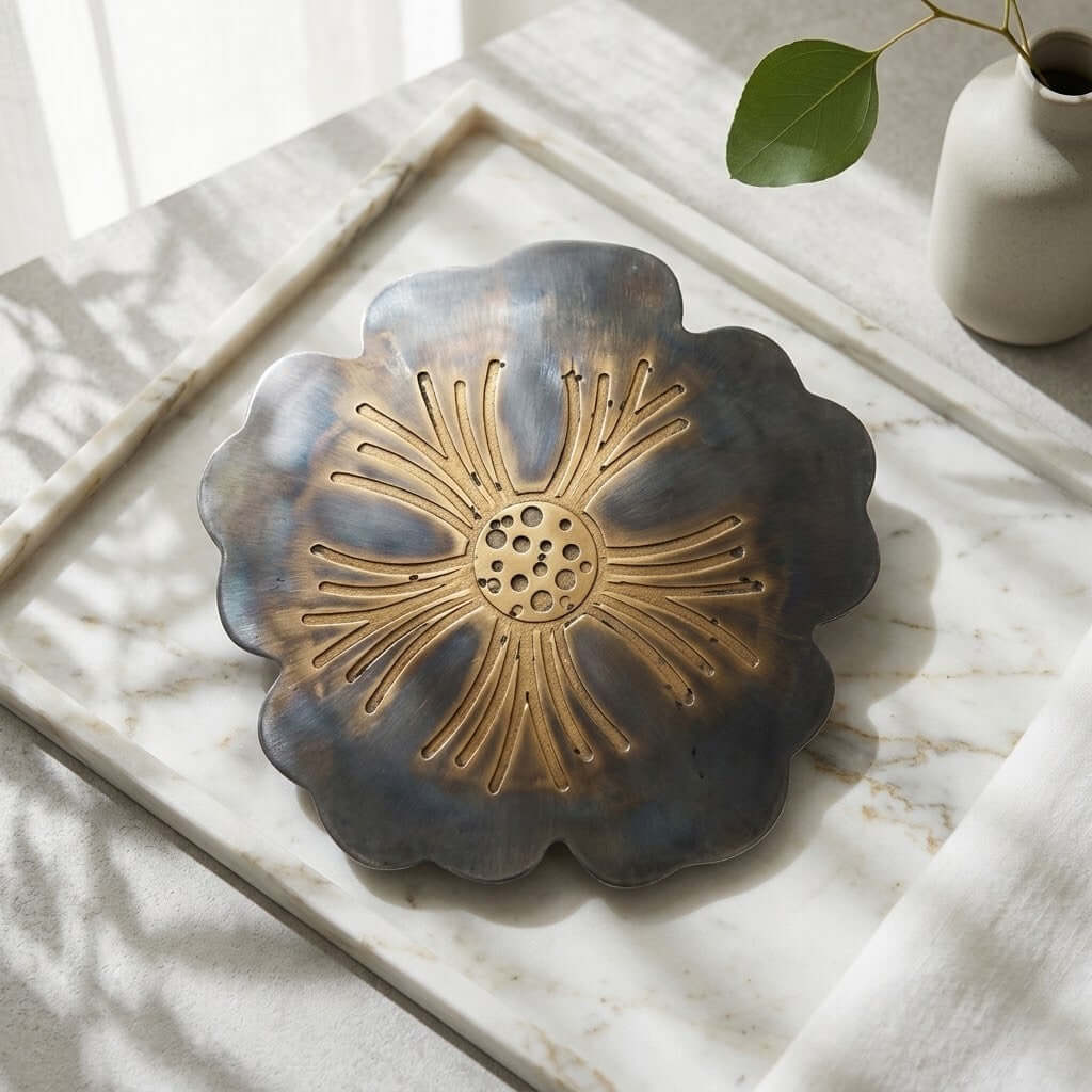 Scalloped Floral Coasters - A scalloped grey and gold coaster with a sunburst centre, shown on a white marble tray with a small vase and leaf in the background.