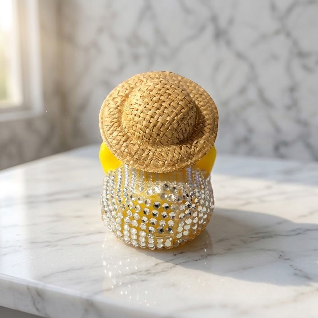 Diamante Duck Figurine - Back view of a  small decorative figurine shaped like a yellow duck character wearing a woven straw hat, photographed on a light marble surface with a marble background.