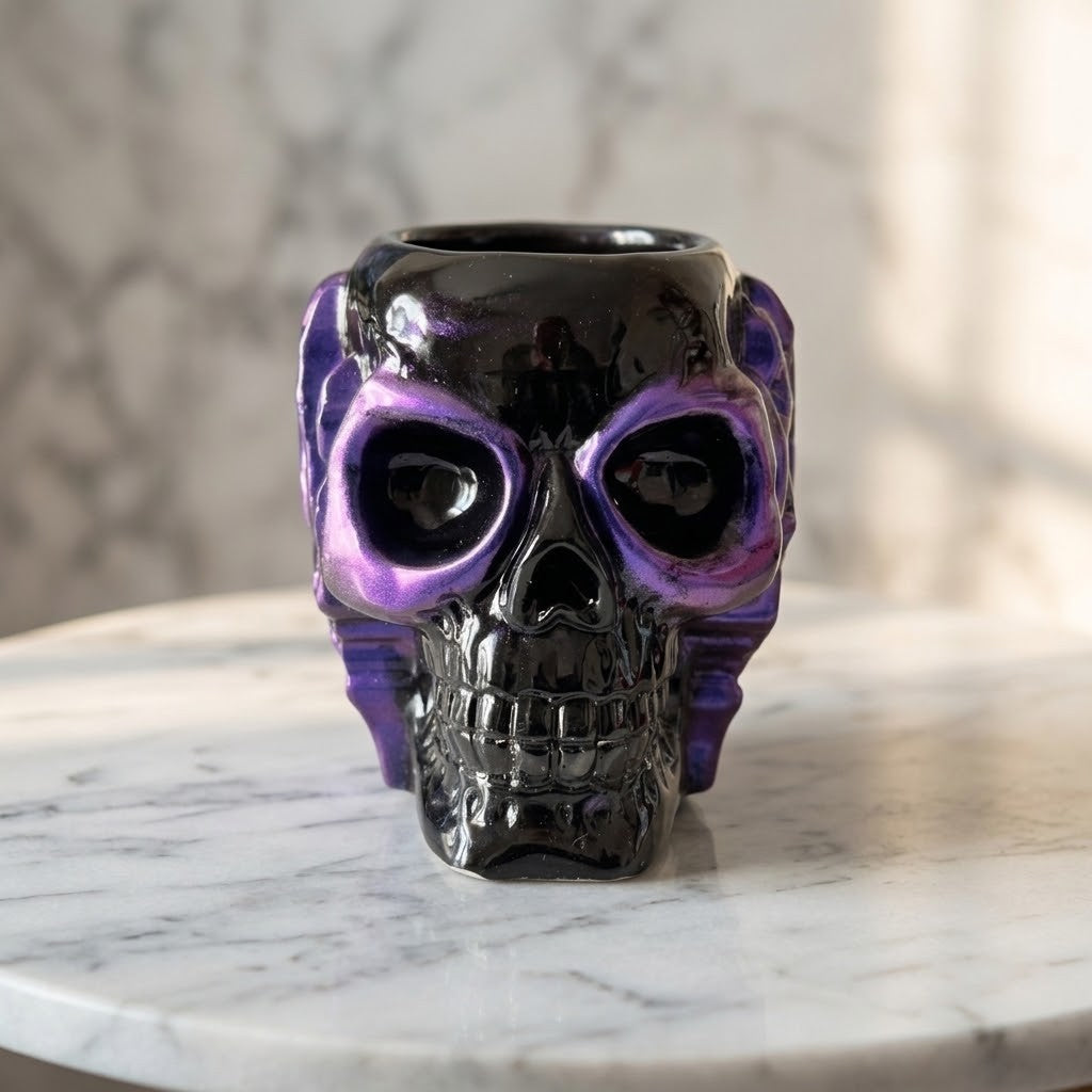 Resin Skull Pots - A glossy black resin skull-shaped pot with vibrant purple glaze accents around the eye sockets and sides, sitting on a white marble surface with a blurred marble background.
