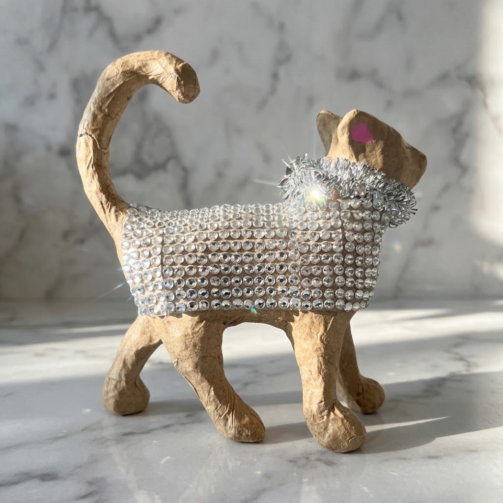 Diamante Cat Figurine - Side view of a cat figurine with a textured tan body and a sparkling silver rhinestone collar, standing on a light marble surface against a marble background.