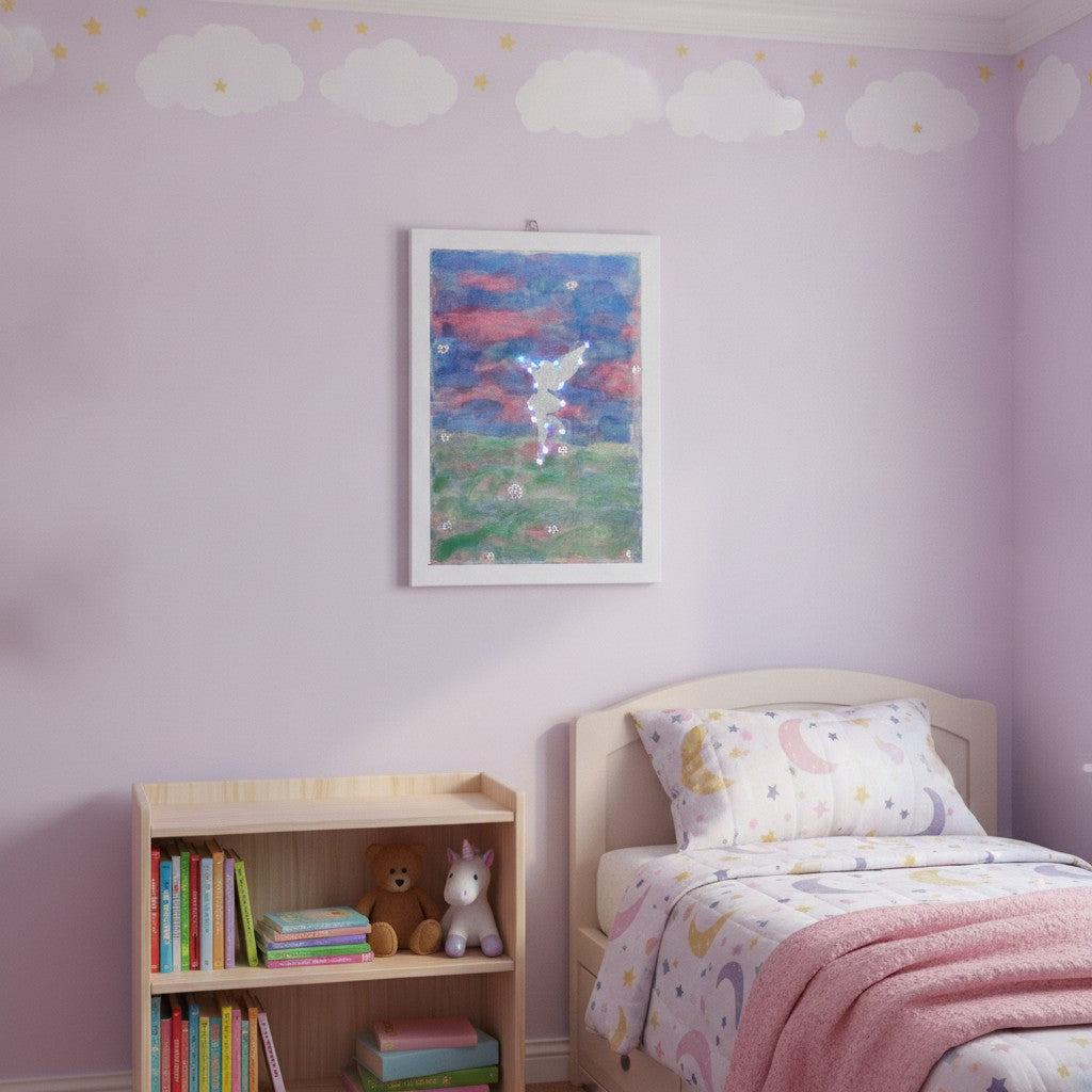 LED Fairy Picture - An unframed pastel art canvas featuring a silver fairy and glowing led light stars, displayed on a light lavender wall above a white wooden bookcase, next to a single bed.