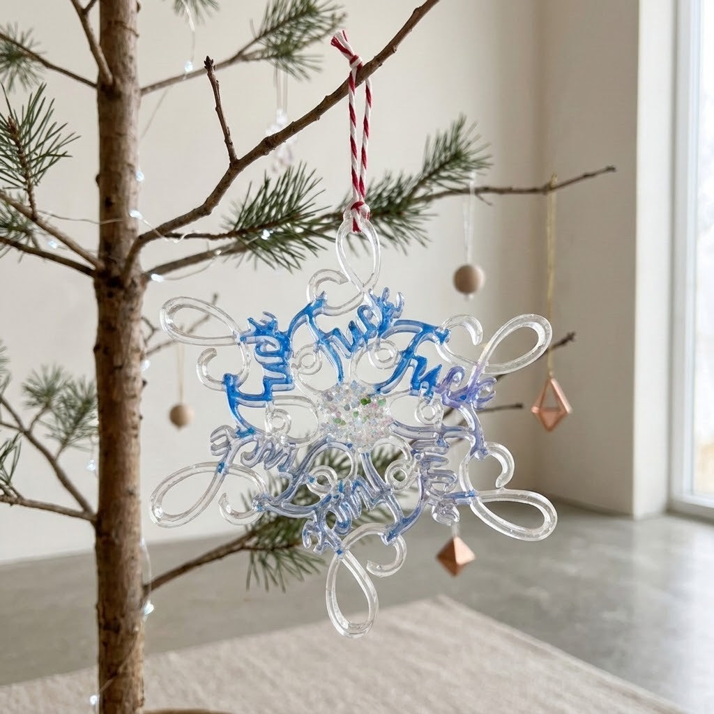 Novelty Christmas Tree Decorations - A clear resin snowflake ornament with blue cursive text reading 'F***' and a red-and-white striped hanging loop, displayed on a decorative tree branch in a bright indoor setting.