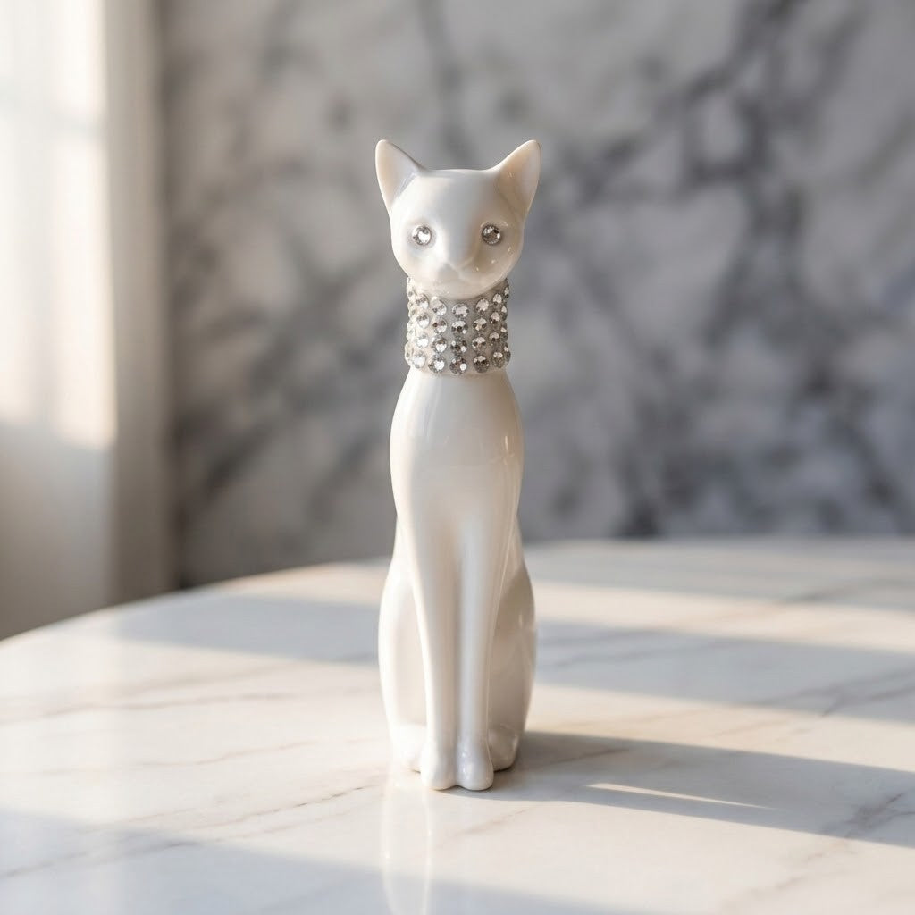 3D Printed Cat Figurine - A white cat figurine sitting upright on a light marble surface, wearing a rhinestone-studded collar, with a softly blurred grey marble background.
