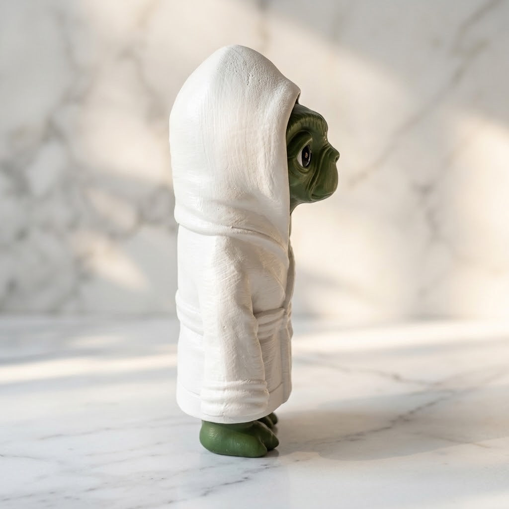 ET Alien Figurine - Side view of A small green creature figurine wearing a white hooded robe, standing in profile on a light marble surface with a softly blurred marble background.