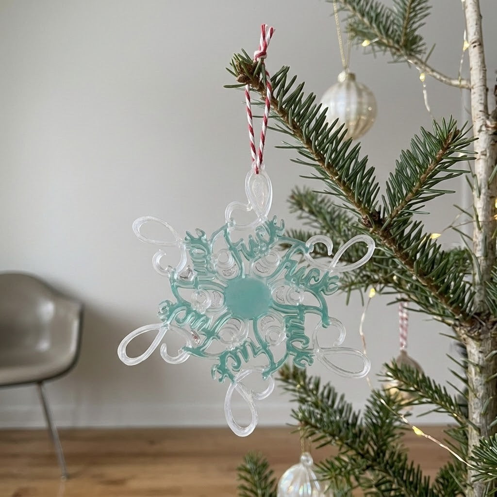 Novelty Christmas Tree Decorations - A clear resin snowflake Christmas ornament with teal lettering that reads f*** hanging from a pine tree branch in a decorated indoor setting.