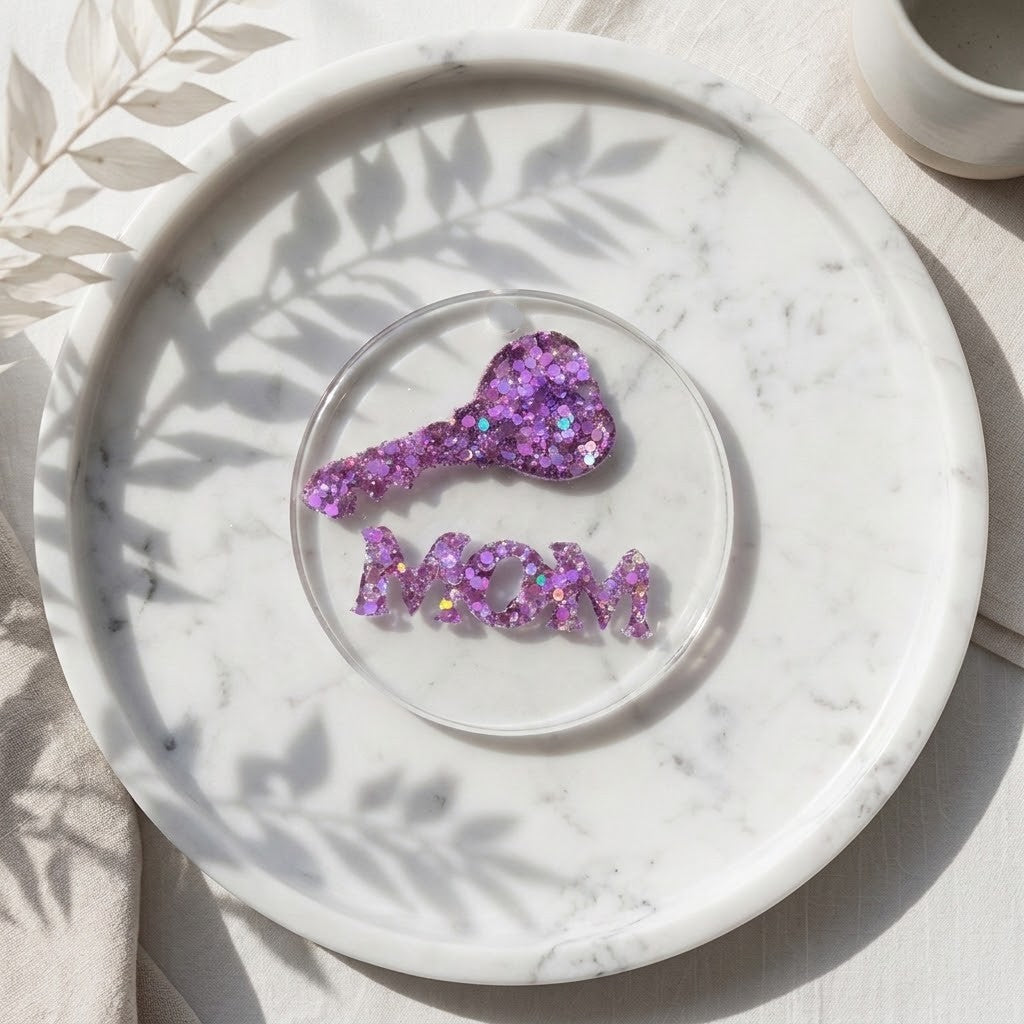 Handmade MOM Coaster - A clear coaster holding a glittery purple key and matching glittery purple letters spelling “MOM,” arranged on a white marble plate with soft leaf shadows.