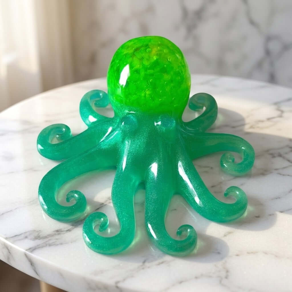 Translucent green octopus figurines with an illuminous green ball, surrounded by five flexible, green wavy resting on a white marble surface