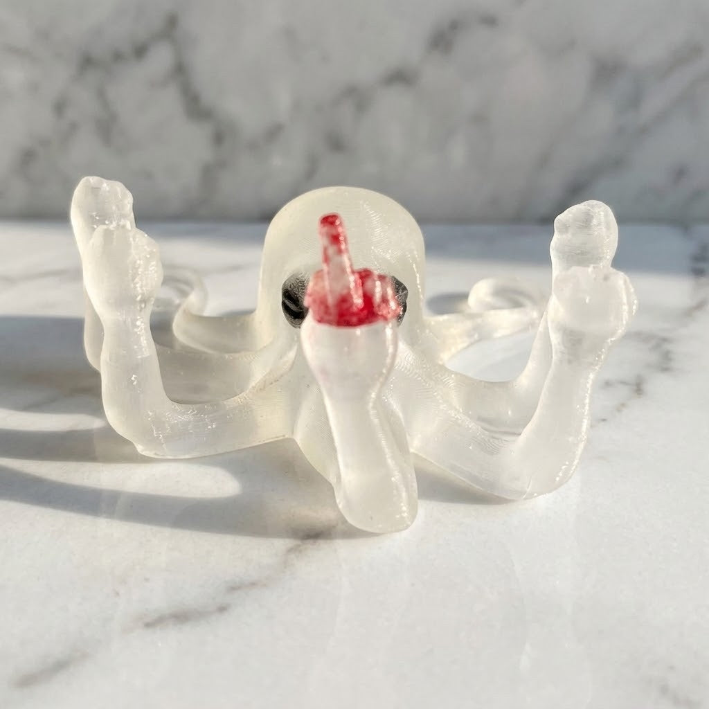 Novelty Octopus Figurine - A translucent white octopus with a red and white finger pointing upwards, photographed on a white marble surface with a marble-patterned background.