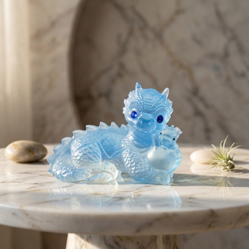 Dragon Figurines - A small transparent blue dragon figurine with dark blue eyes sits on a white marble table with pebbles and a small plant, against a matching marble wall, holding a blue baby dragon and egg in its front paws.