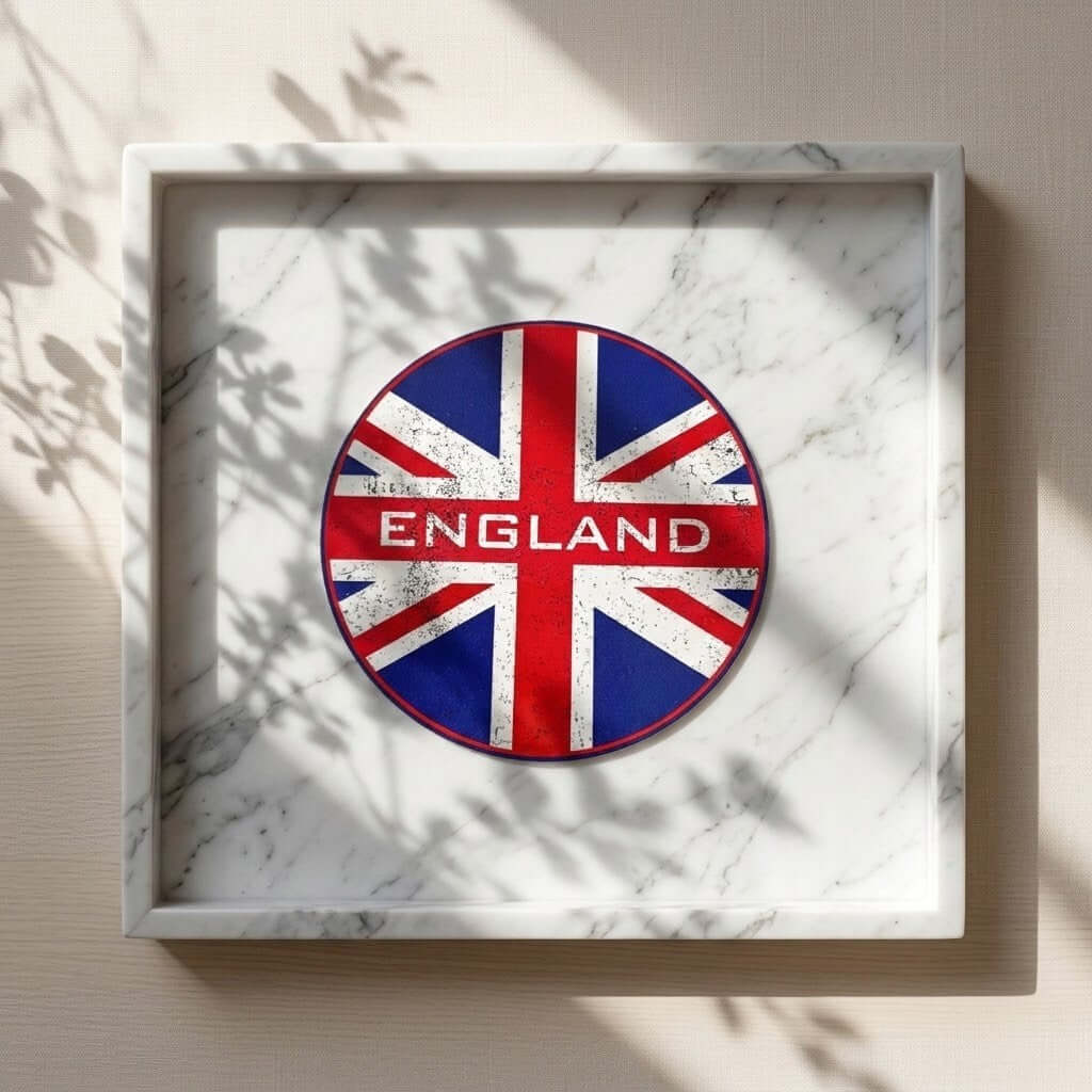 Union Jack Coasters - A circular England-themed Union Jack coaster with a distressed red, white, and blue design and the word 'ENGLAND' across the centre, displayed inside a white marble shadow box frame on a beige wall with leaf shadows.