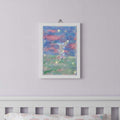 LED Fairy Picture - An unframed pastel art canvas featuring a silver fairy and glowing led light stars, displayed on a light lavender wall above a white wooden crib.