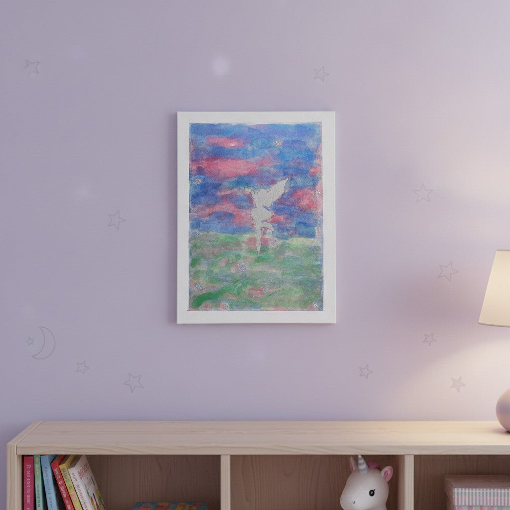 LED Fairy Picture - An unframed pastel art canvas featuring a silver fairy and glowing stars, displayed on a light lavender wall above a white wooden bookcase.
