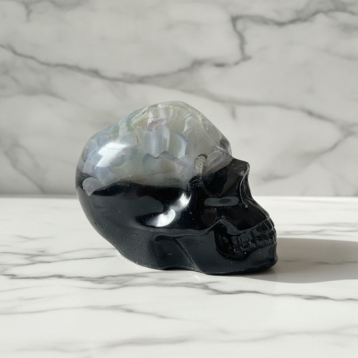 Handmade Black Resin Gothic Flower Skull Figurine
