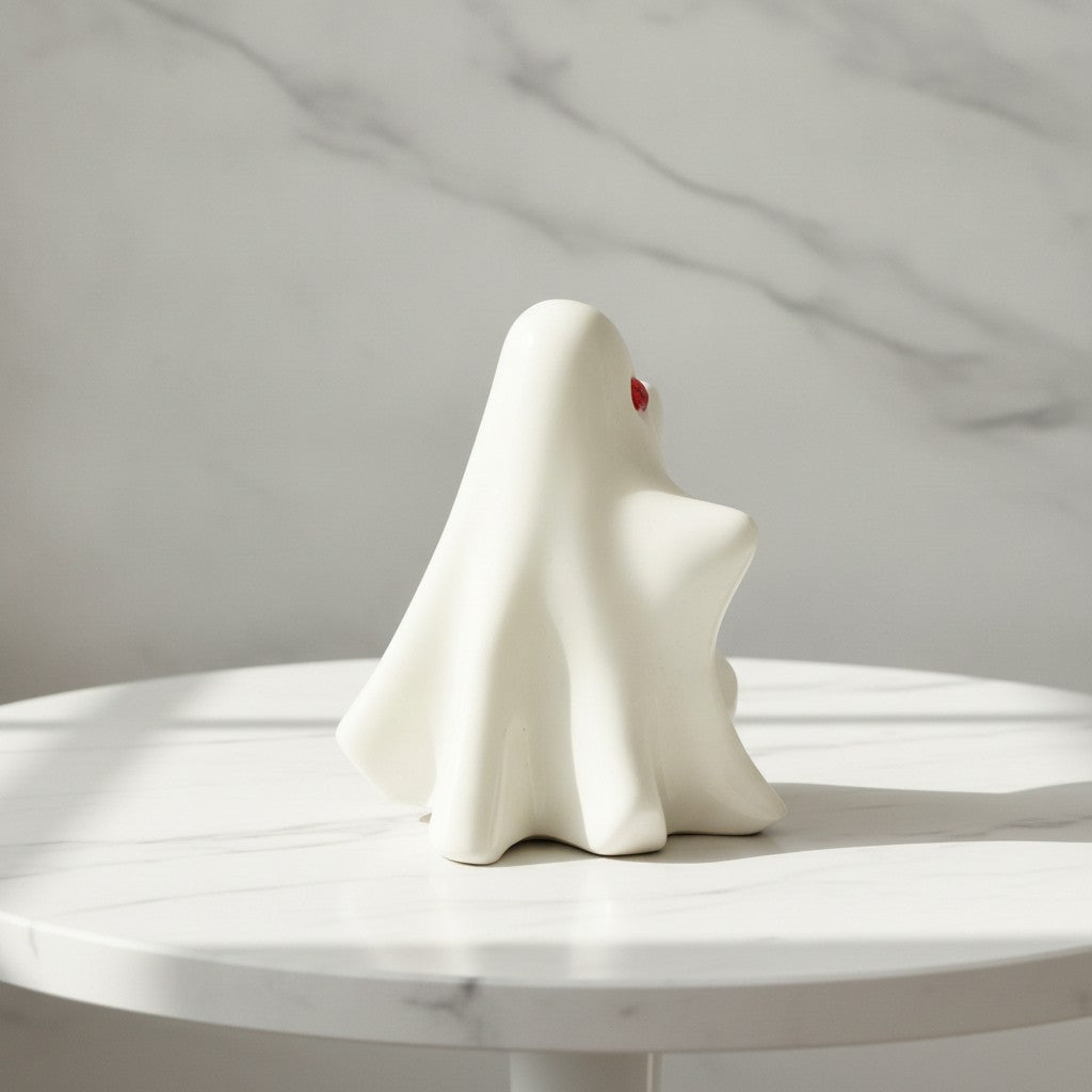 Side view of a small white ghost-shaped figurine with a tiny red eye detail, standing on a round white marble table against a marble-patterned wall.